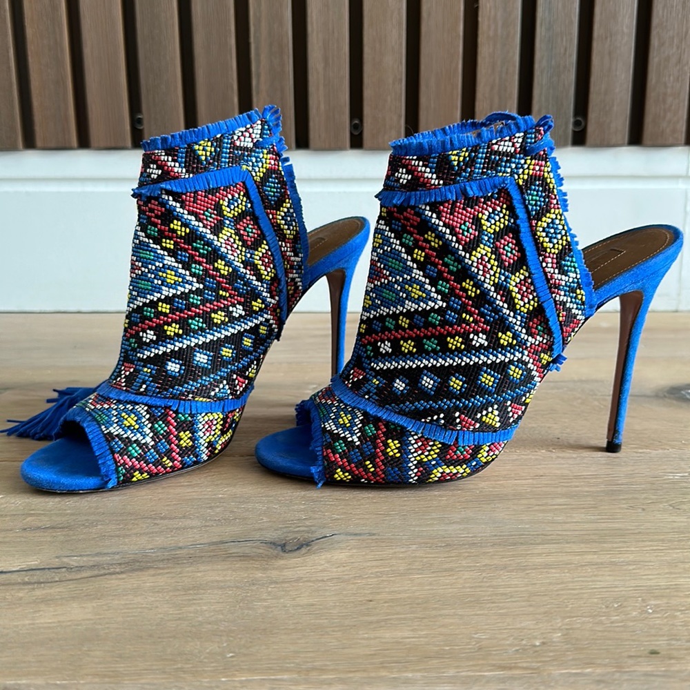 Aquazzura Colorado Woven Ankle-Tie Bootie Mondrian Blue (8.5)